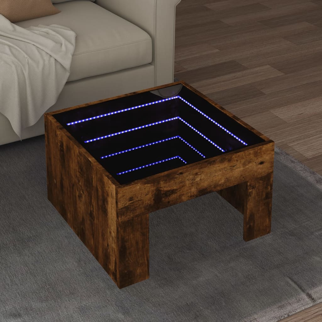 Măsuță de cafea cu LED infinity, stejar fumuriu, 50x50x30 cm