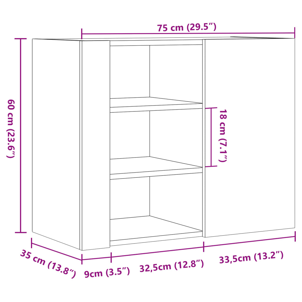 Dulap de perete, gri beton, 75x35x60 cm, lemn prelucrat