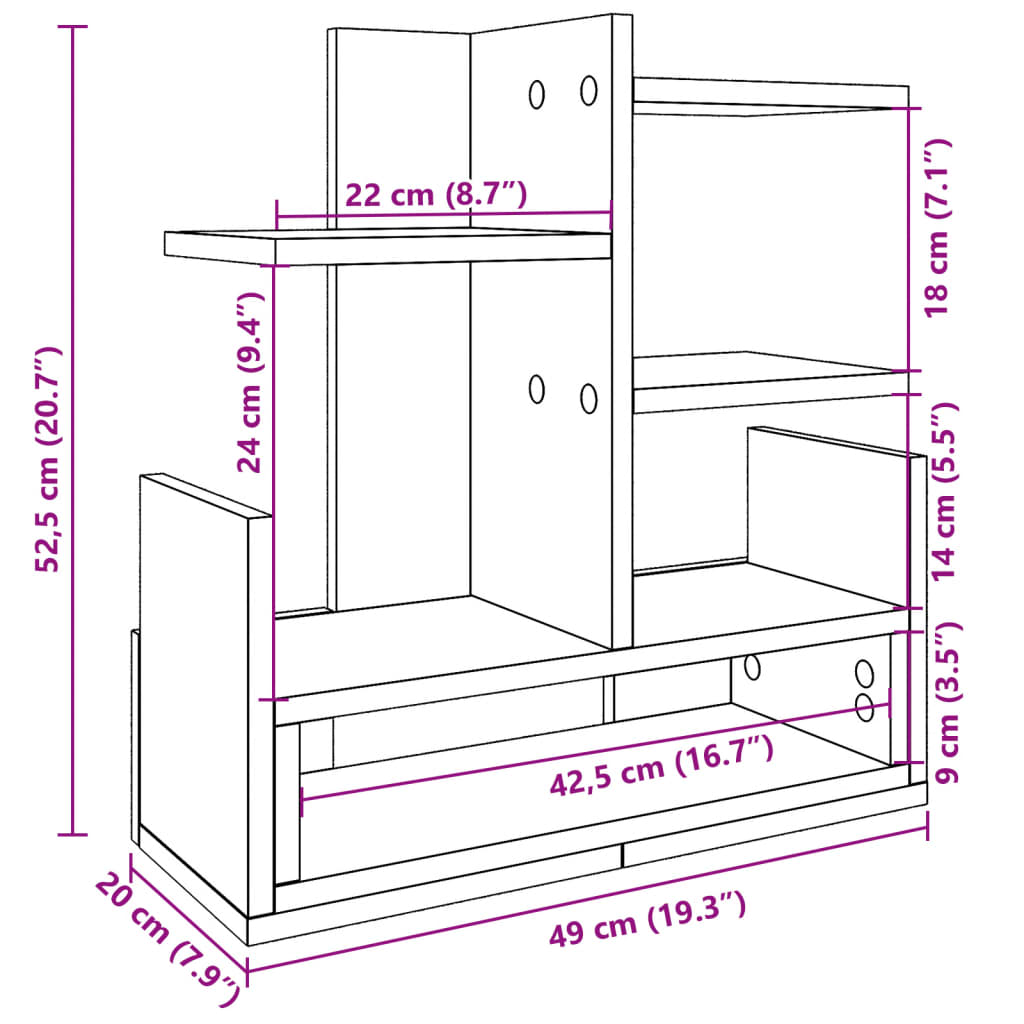 Organizator de birou, negru, 49x20x52,5 cm, lemn prelucrat