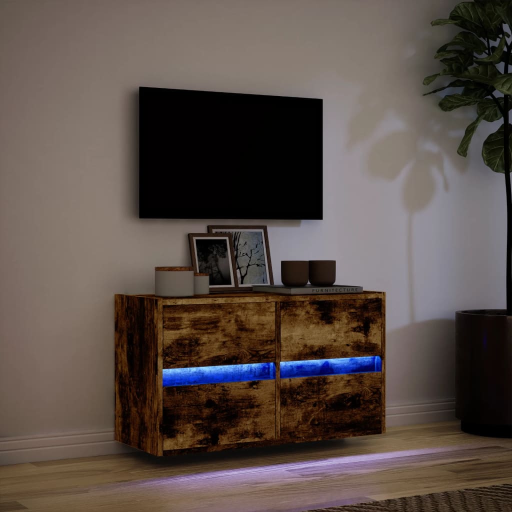 Comodă TV de perete cu lumini LED, stejar fumuriu, 80x31x45 cm