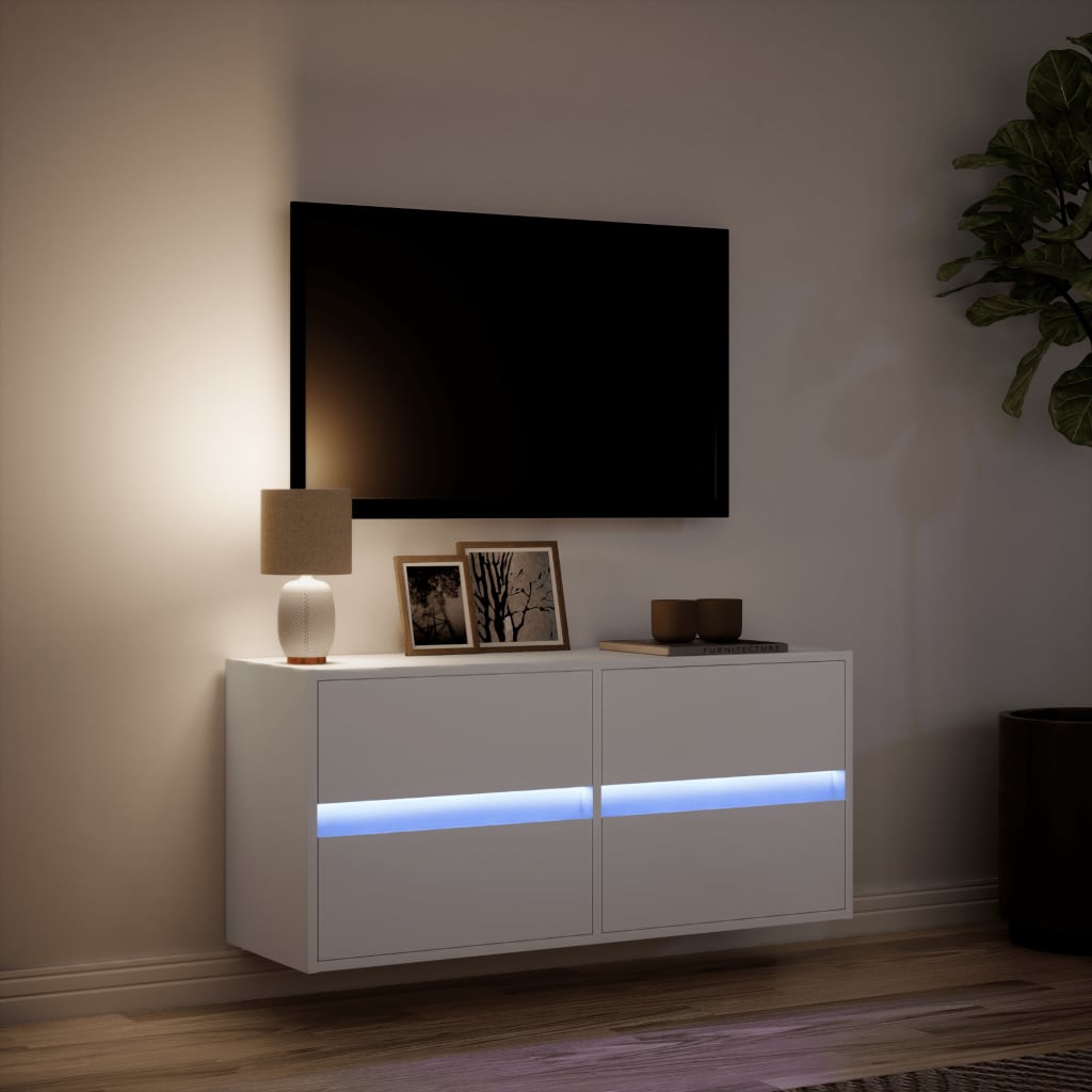 Comodă TV de perete cu lumini LED, alb, 100x31x45 cm