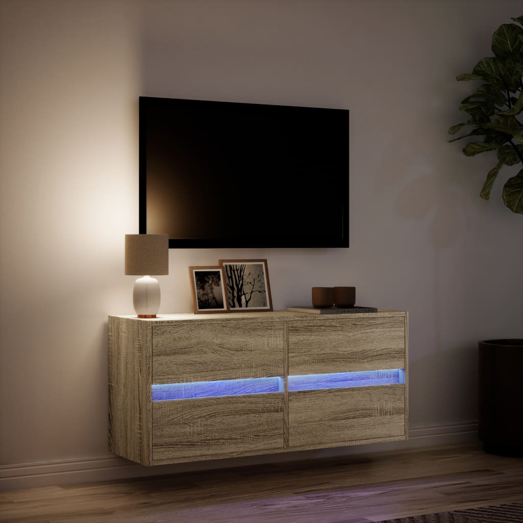 Comodă TV de perete cu lumini LED, stejar sonoma, 100x31x45 cm