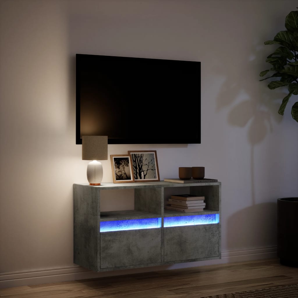 Comodă TV de perete cu lumini LED, gri beton, 80x31x45 cm