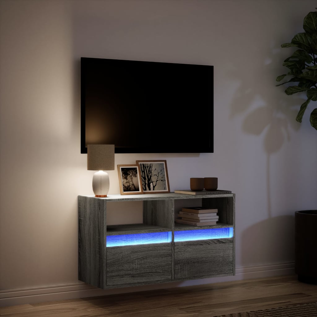 Comodă TV de perete cu lumini LED, gri sonoma, 80x31x45 cm