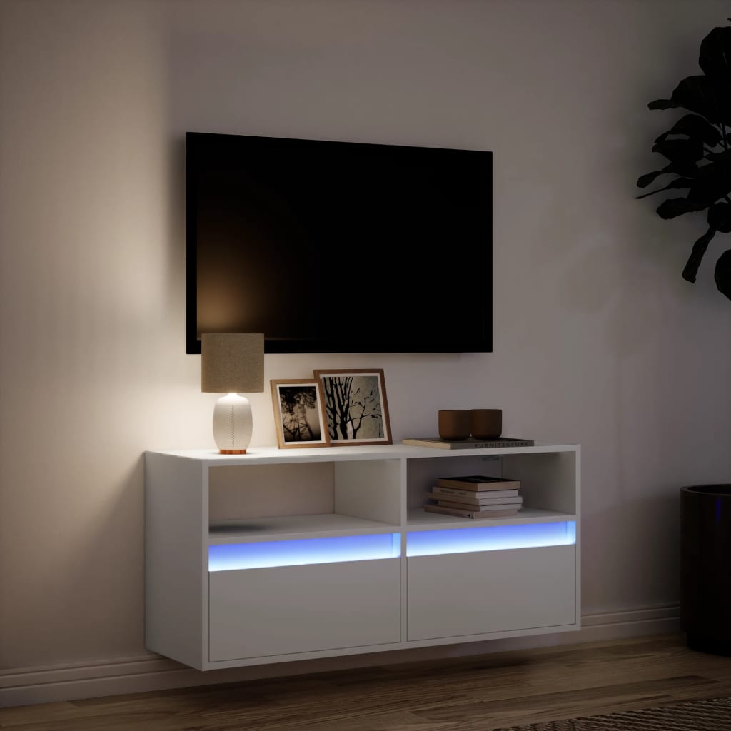 Comodă TV de perete cu lumini LED, alb, 100x31x45 cm