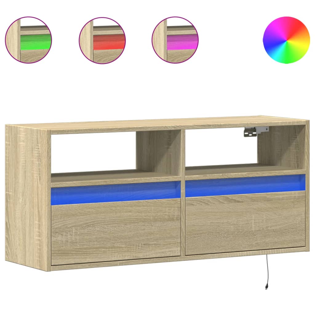 Comodă TV de perete cu lumini LED, stejar sonoma, 100x31x45 cm