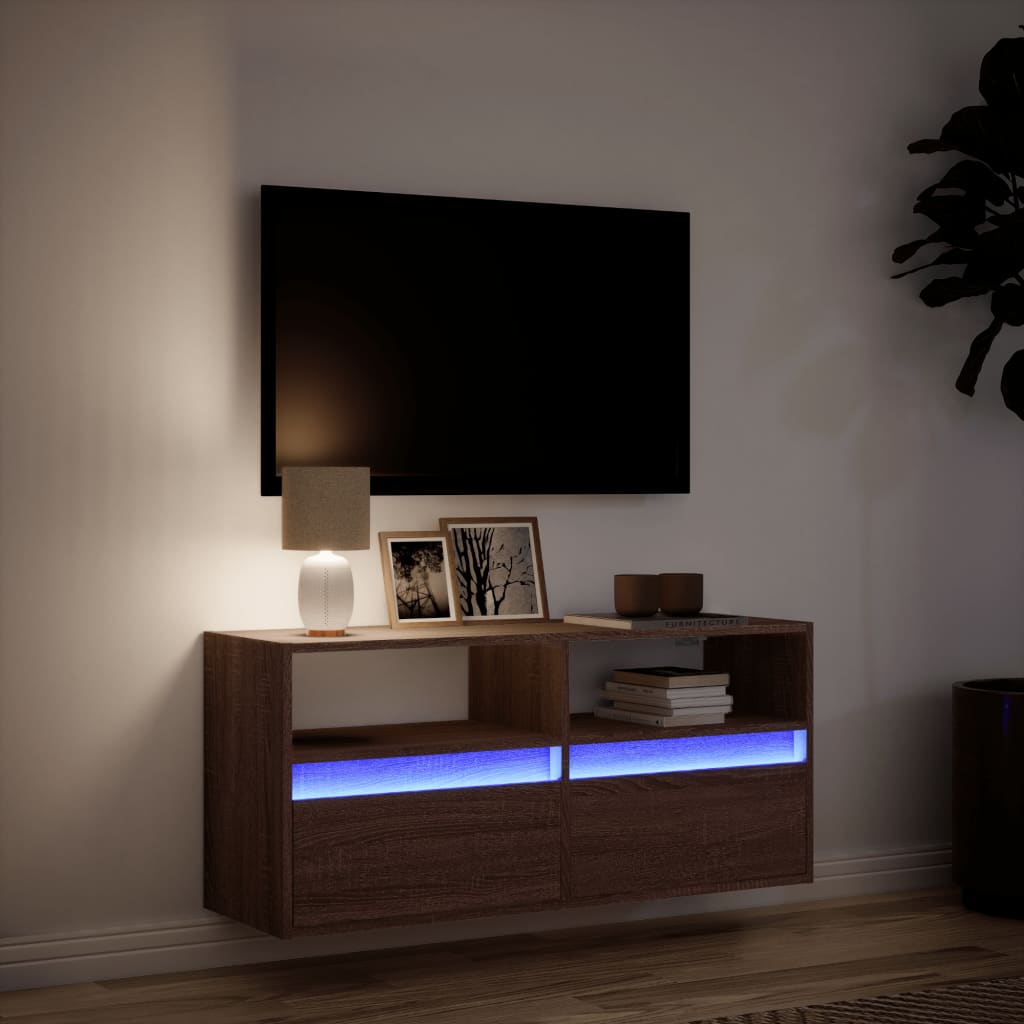 Comodă TV de perete cu lumini LED, stejar maro, 100x31x45 cm