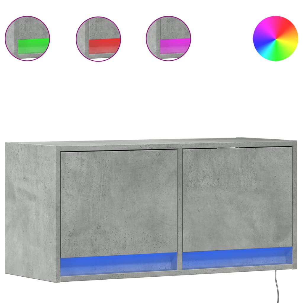 Comodă TV de perete cu lumini LED, gri beton, 80x31x38 cm