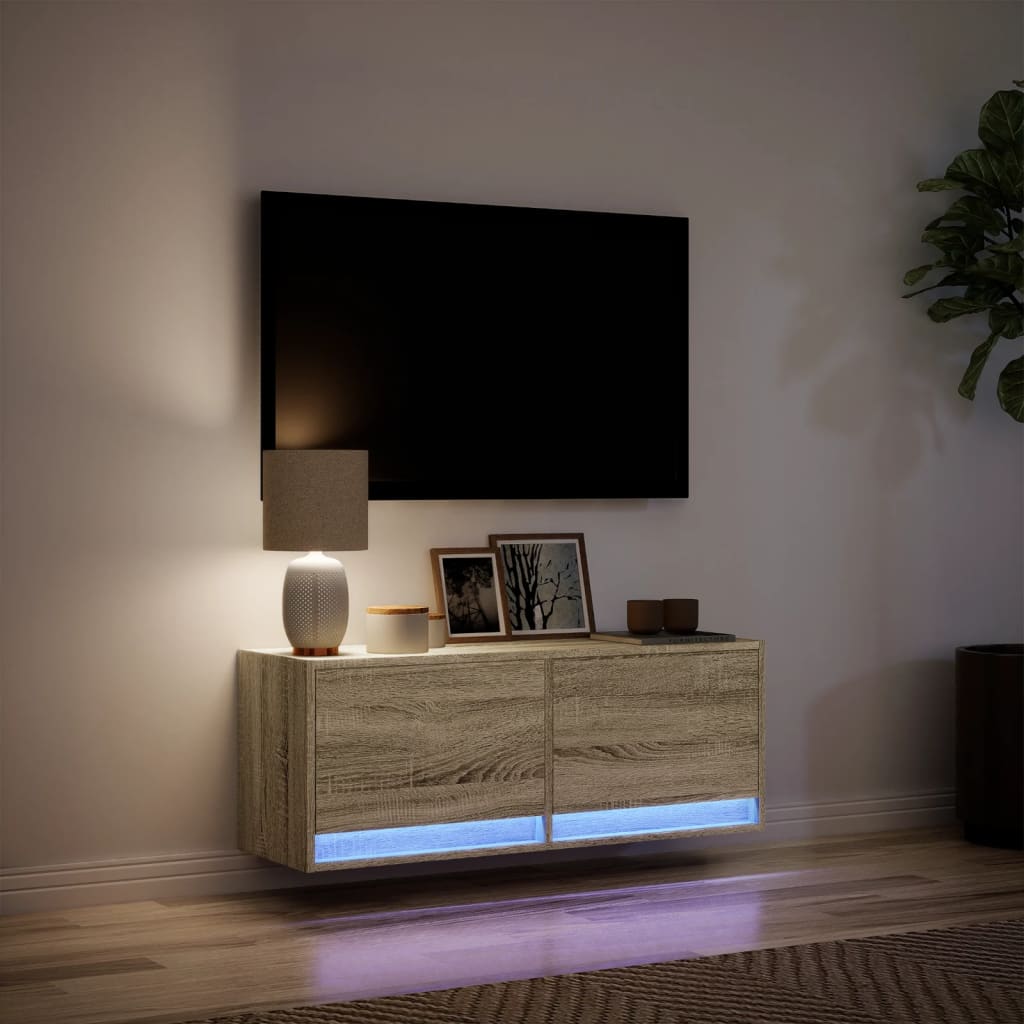 Comodă TV de perete cu lumini LED, stejar sonoma, 100x31x38 cm