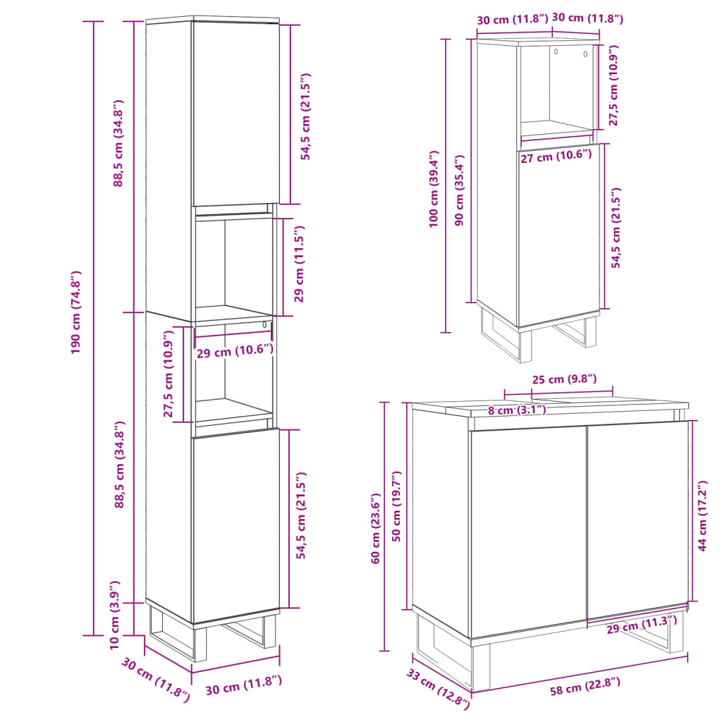 Set mobilier de baie, 3 piese, stejar sonoma, lemn prelucrat