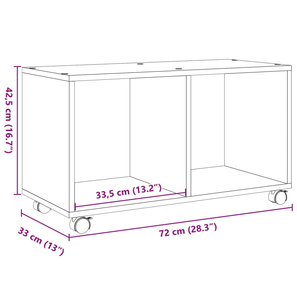 Dulap cu roți, stejar artizanal, 72x33x42,5 cm, lemn prelucrat