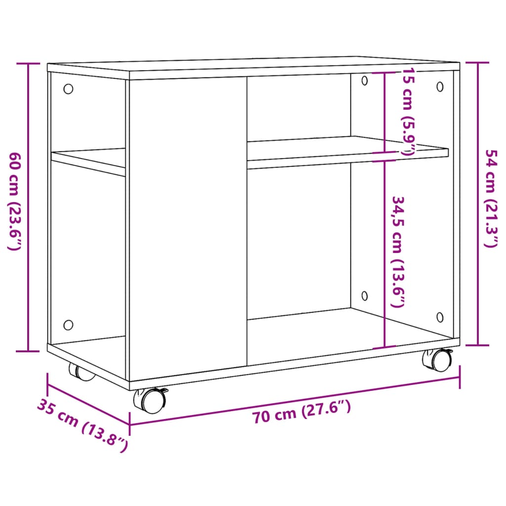 Masă laterală cu roți stejar fumuriu 70x35x60 cm lemn compozit