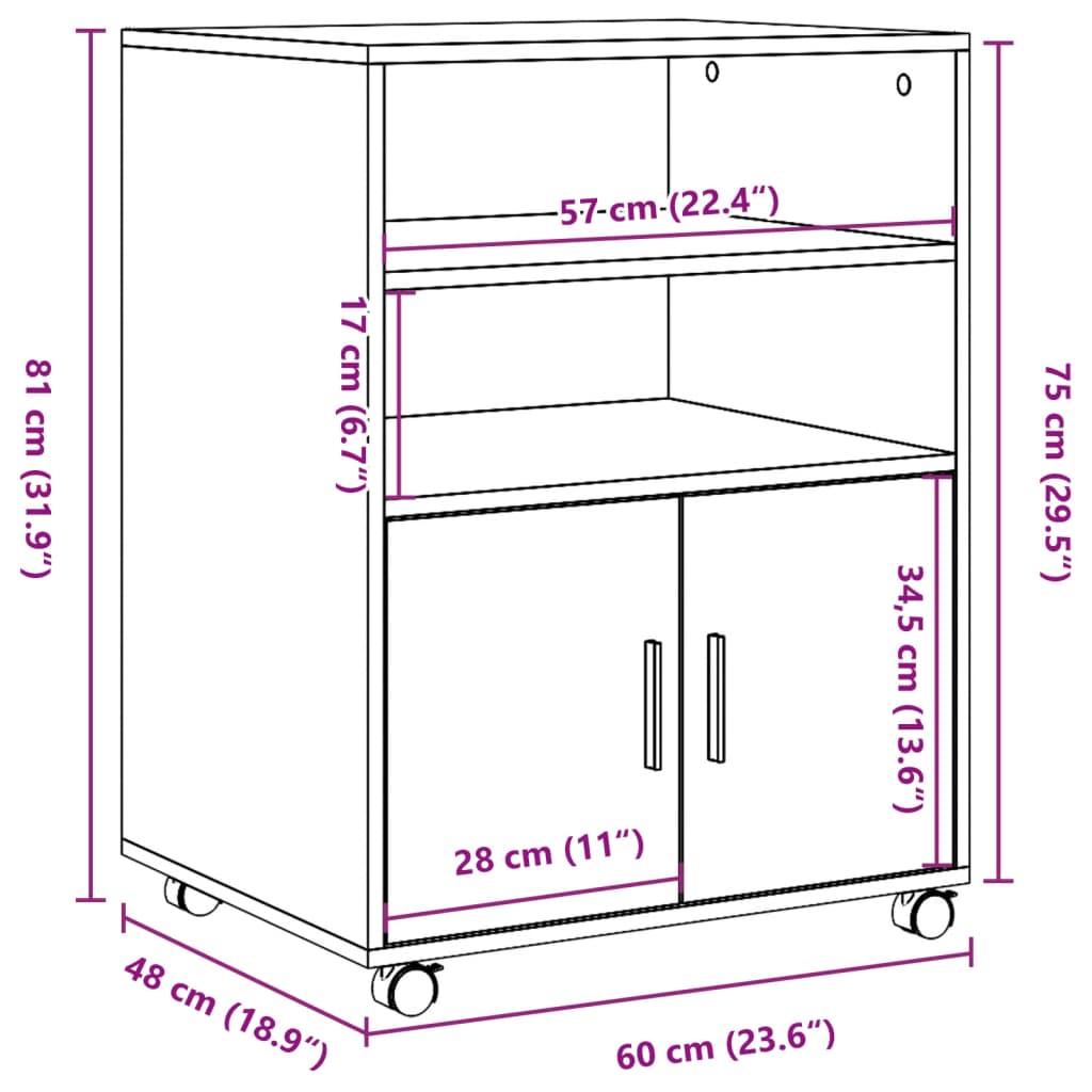 Dulap cu roți, gri beton, 60x48x81 cm, lemn prelucrat