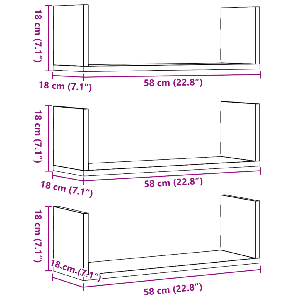 Rafturi perete 3 buc. stejar sonoma 58x18x18 cm lemn prelucrat