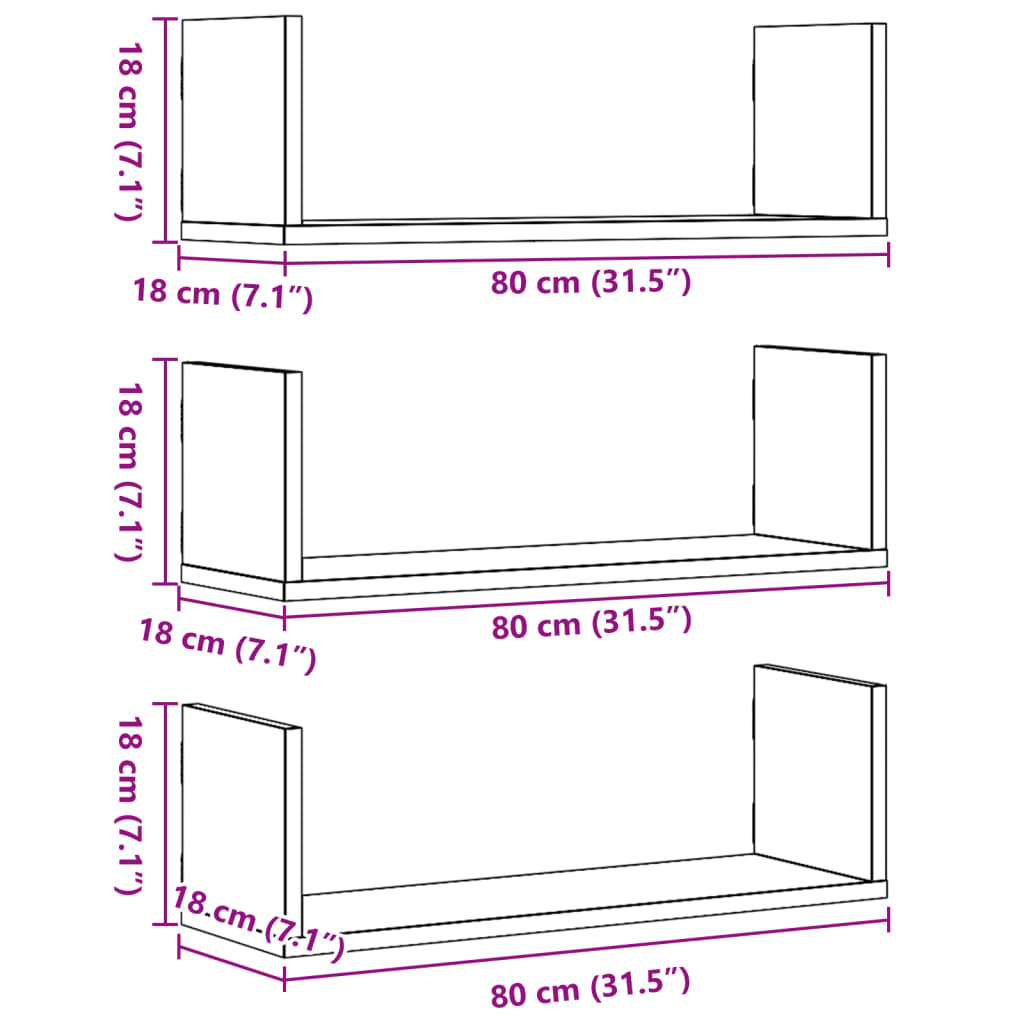 Rafturi perete, 3 buc., gri beton, 80x18x18 cm, lemn prelucrat