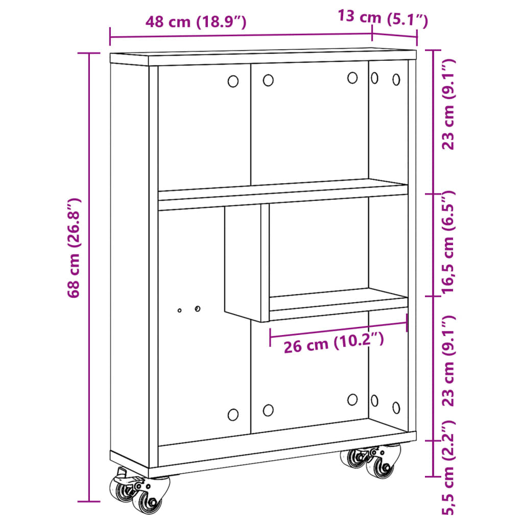 Cărucior depozitare îngust gri beton 48x13x68 cm lemn prelucrat