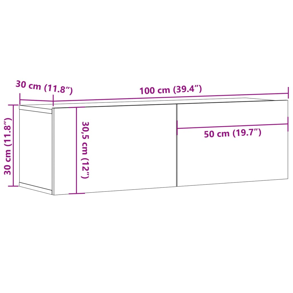 Dulap TV perete, stejar artizanal, 100x30x30 cm, lemn prelucrat