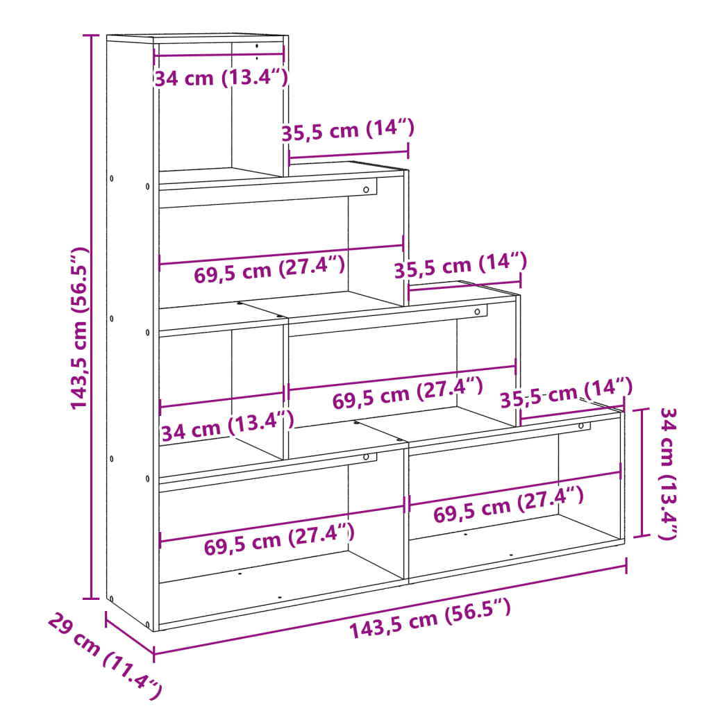 Bibliotecă/separator cameră gri beton 143,5x29x143,5 cm lemn