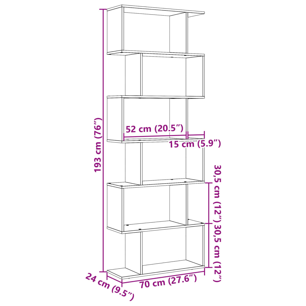 Bibliotecă/separator 6 nivel stejar artizanal 70x24x193 cm lemn