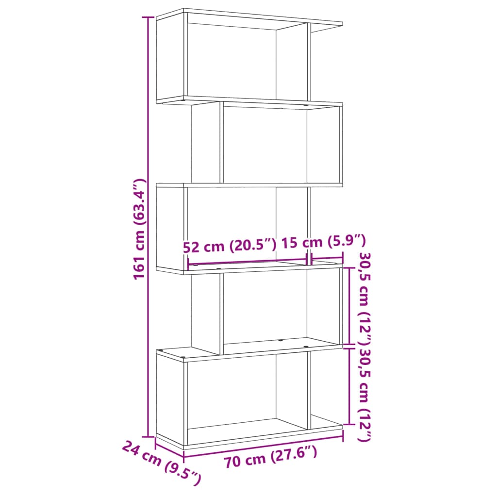 Bibliotecă/separator 5 niveluri gri beton 70x24x161 cm lemn