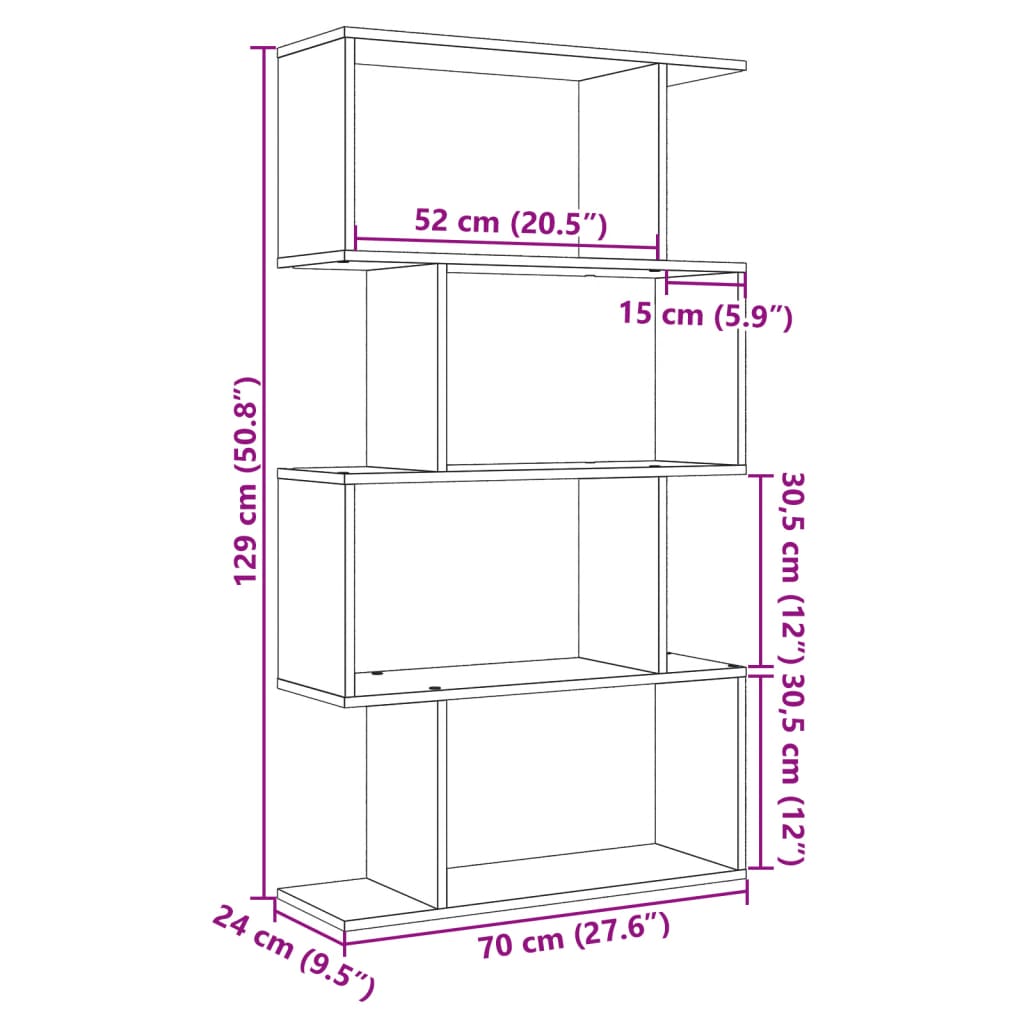 Bibliotecă/separator cameră 4 niveluri, alb, 70x24x129 cm, lemn