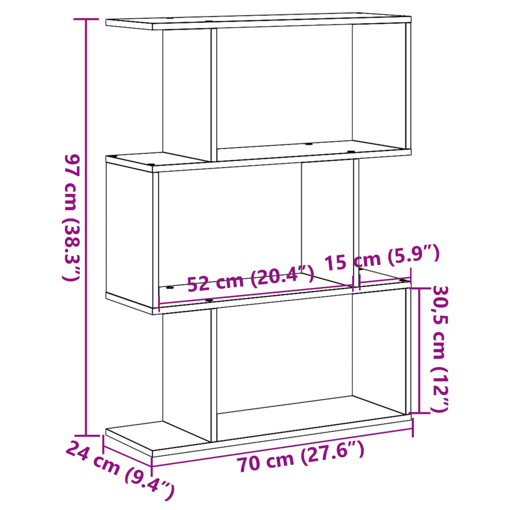 Bibliotecă/separator 3 niveluri stejar fumuriu 70x24x97 cm lemn