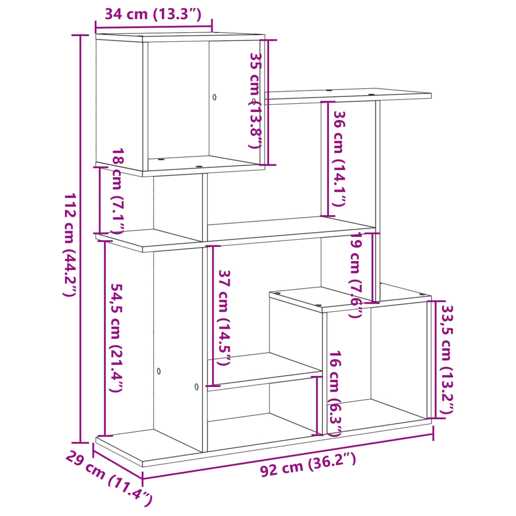 Bibliotecă/separator cameră gri beton 92x29x112 cm lemn