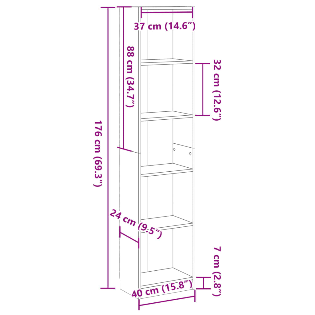 Bibliotecă, negru, 40x24x176 cm, lemn prelucrat