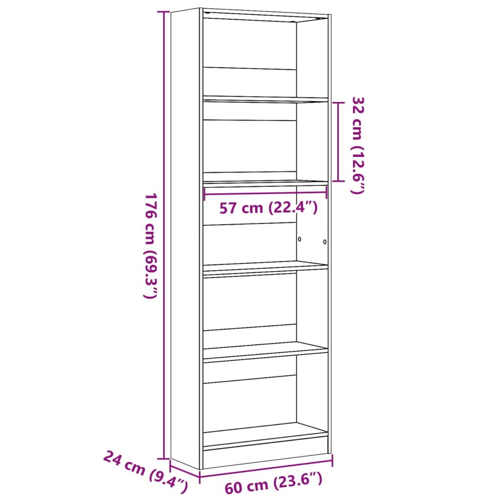 Bibliotecă, gri beton, 60x24x176 cm, lemn prelucrat