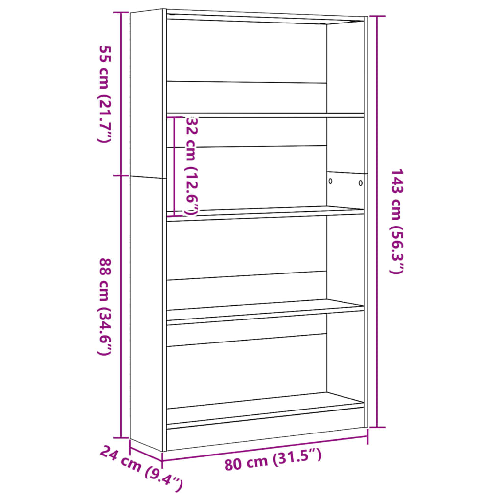 Bibliotecă, stejar sonoma, 80x24x143 cm, lemn prelucrat