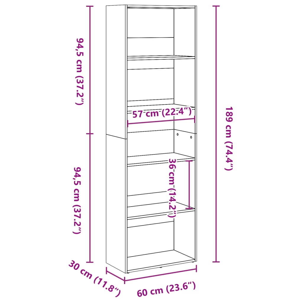 Bibliotecă, negru, 60x30x189 cm, lemn prelucrat