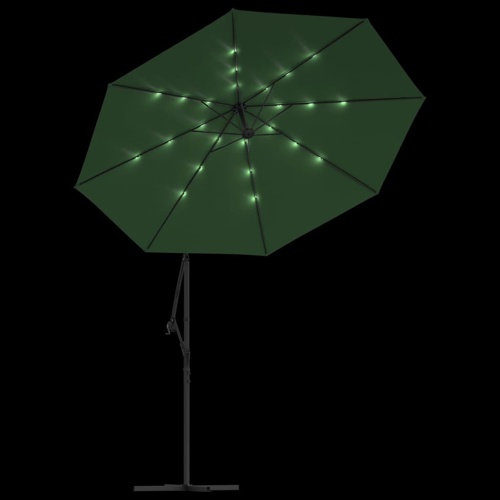 Umbrelă suspendată, iluminare LED, 300 cm, verde, stâlp metalic