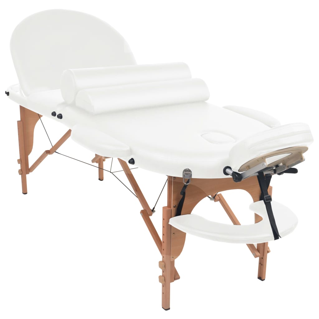 Masă de masaj pliabilă, 4 cm grosime, cu 2 perne, alb, ovală