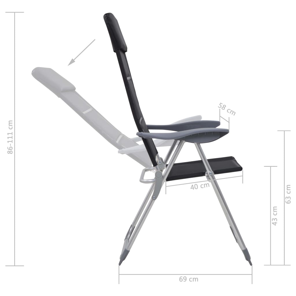 Scaune camping, 2 buc., negru, 58 x 69 x 111 cm, aluminiu