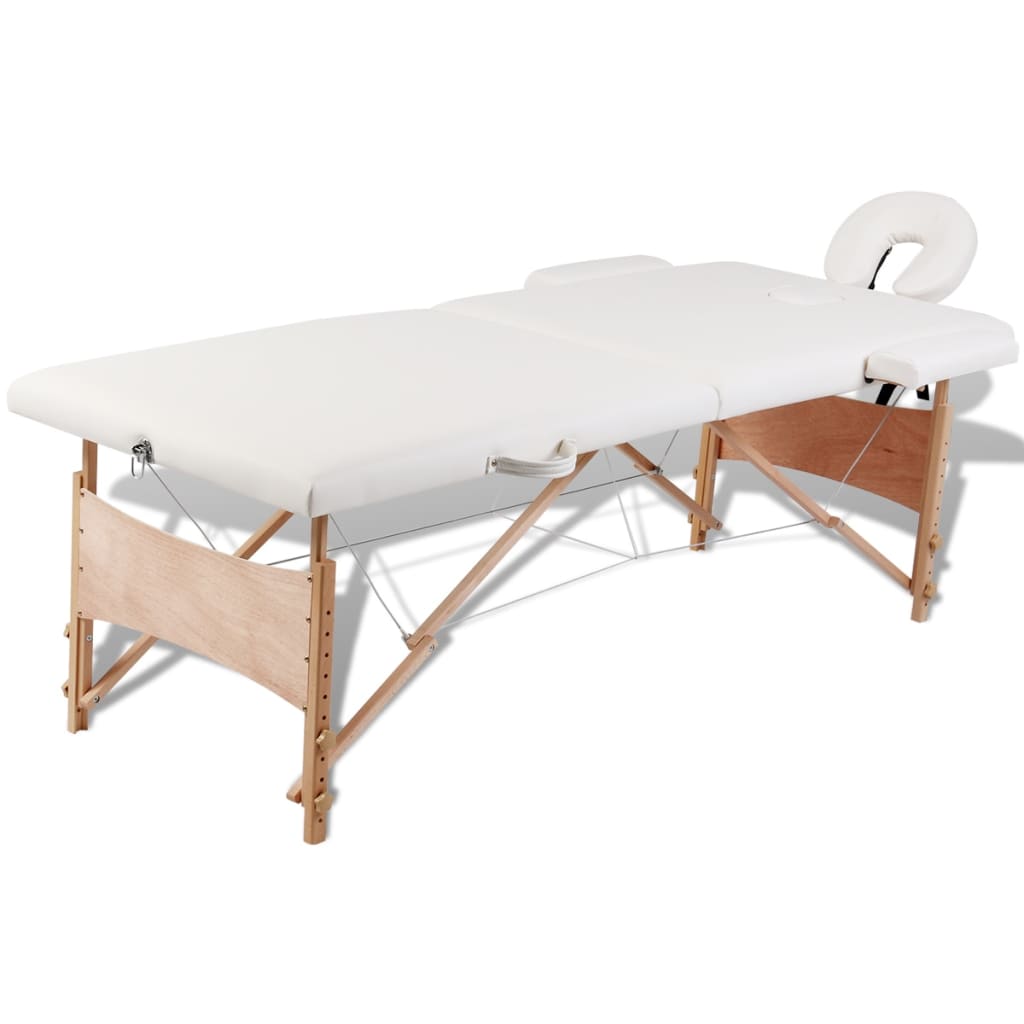 Masă de masaj pliabilă, 2 zone, crem, cadru din lemn