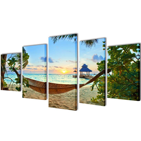 Set tablouri din pânză cu imprimeu plajă cu nisip și hamac, 200x100 cm