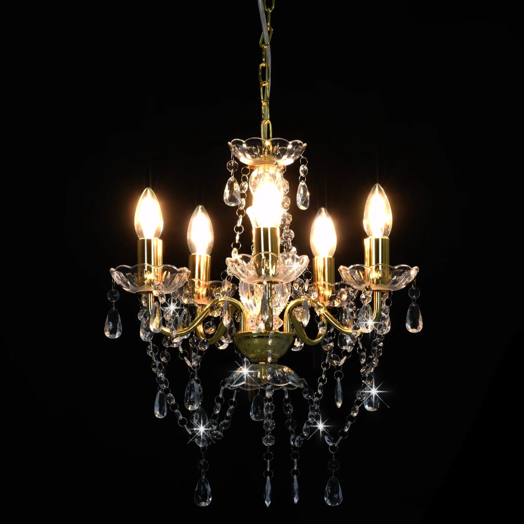 Candelabru cu mărgele de cristal, auriu, rotund, 5 x E14