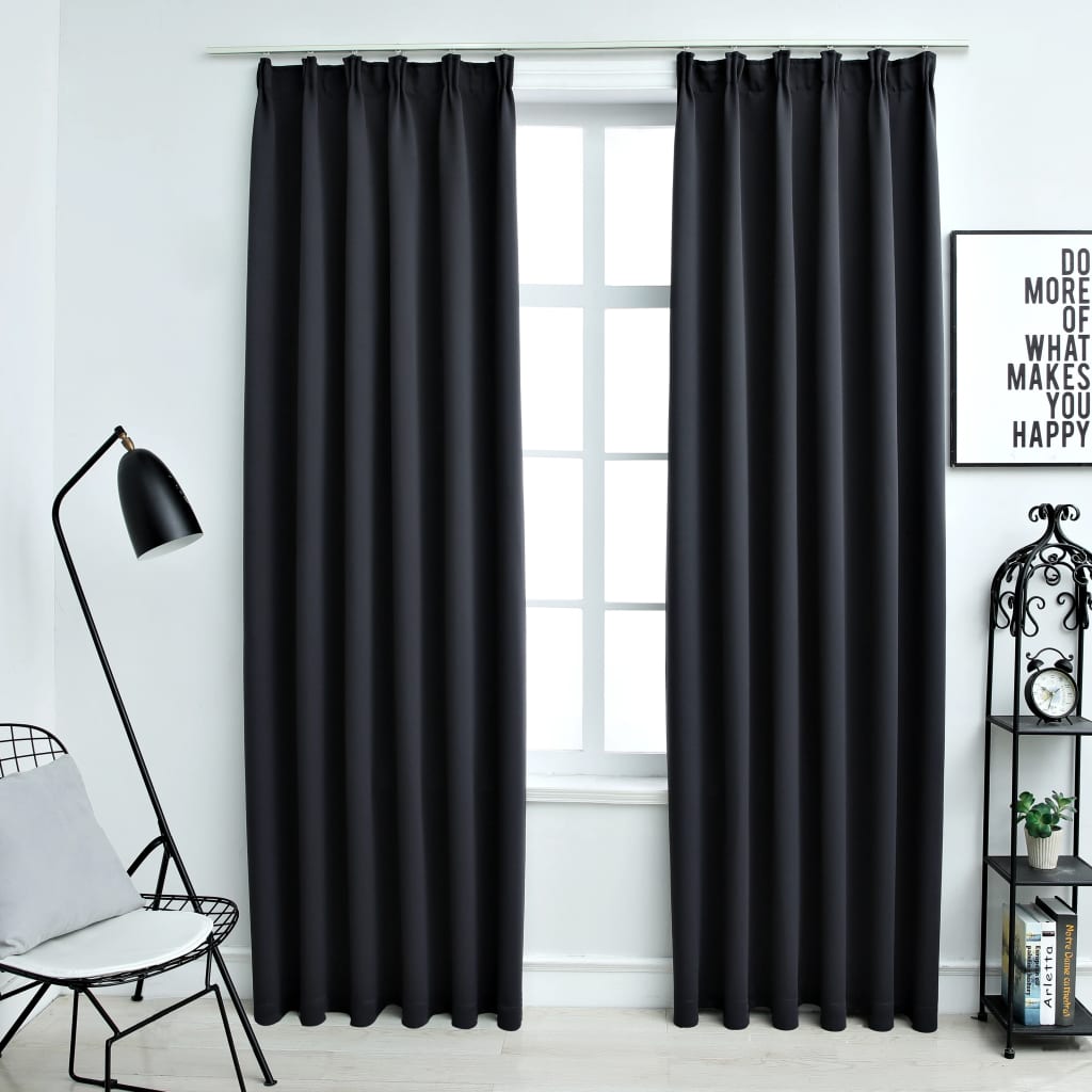 Draperii opace cu cârlige, 2 buc., negru, 140 x 175 cm