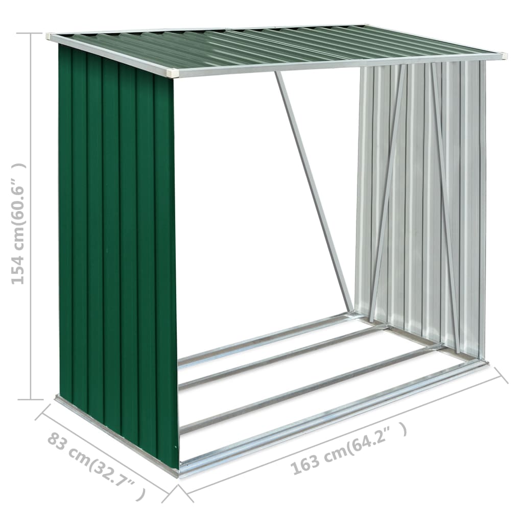 Șopron de lemne grădină, verde, 163x83x154 cm, oțel galvanizat