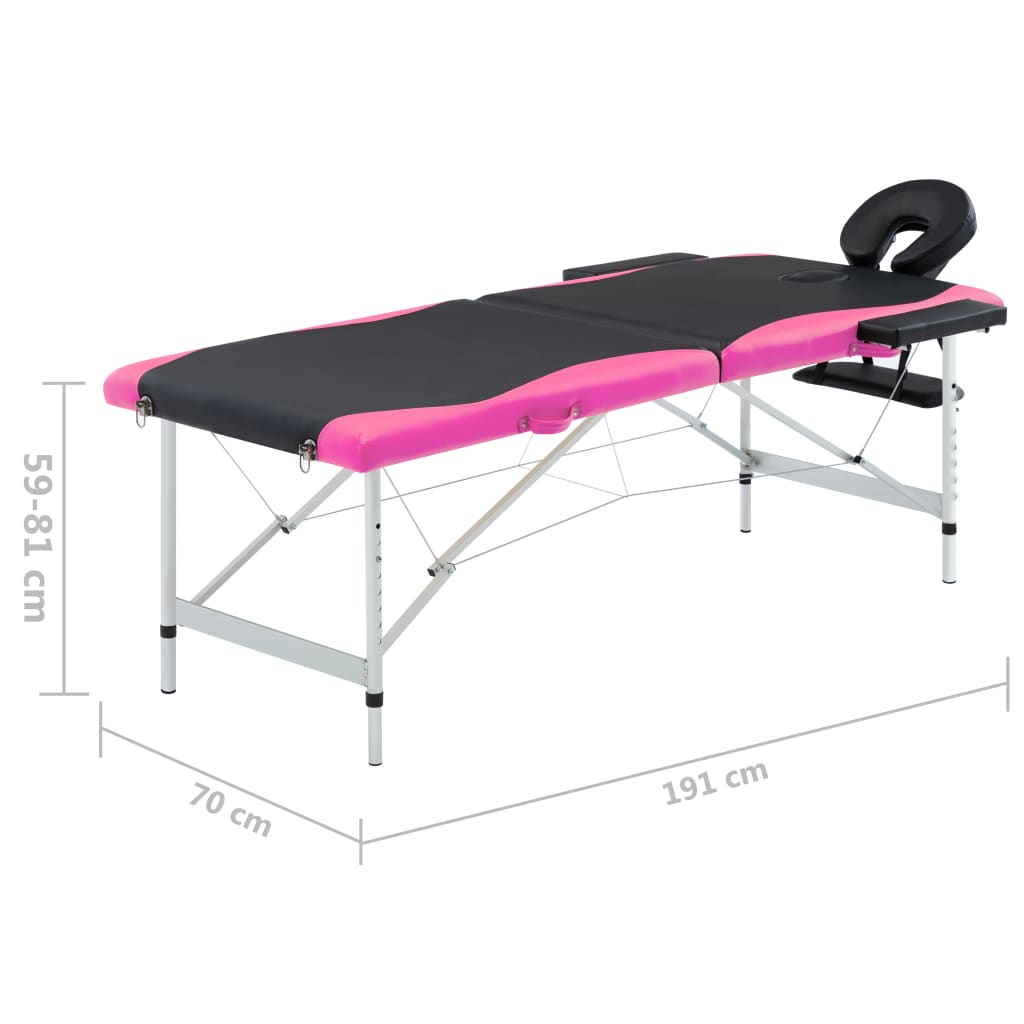 Masă pliabilă de masaj, 2 zone, negru și roz, aluminiu