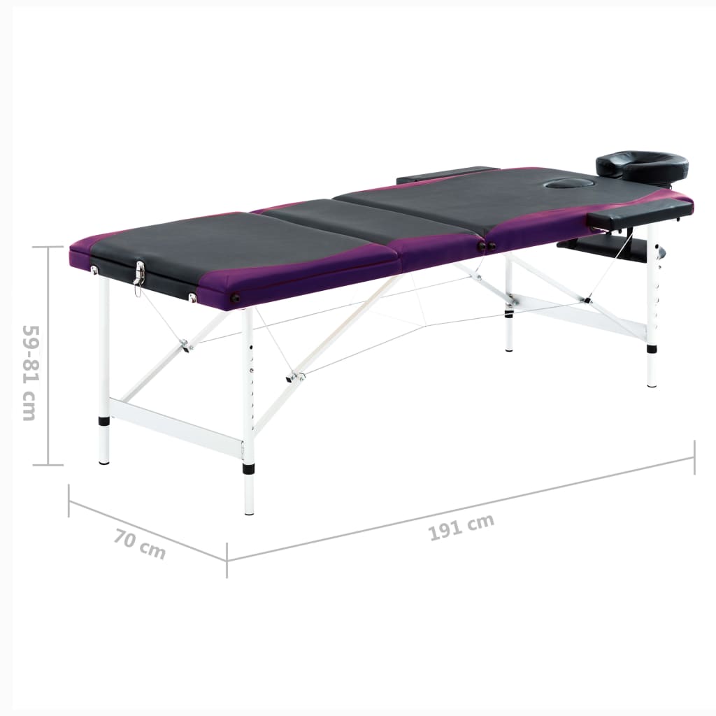 Masă pliabilă de masaj, 3 zone, negru și violet, aluminiu