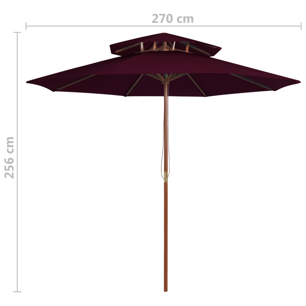 Umbrelă de soare dublă, stâlp din lemn, roșu bordo, 270 cm