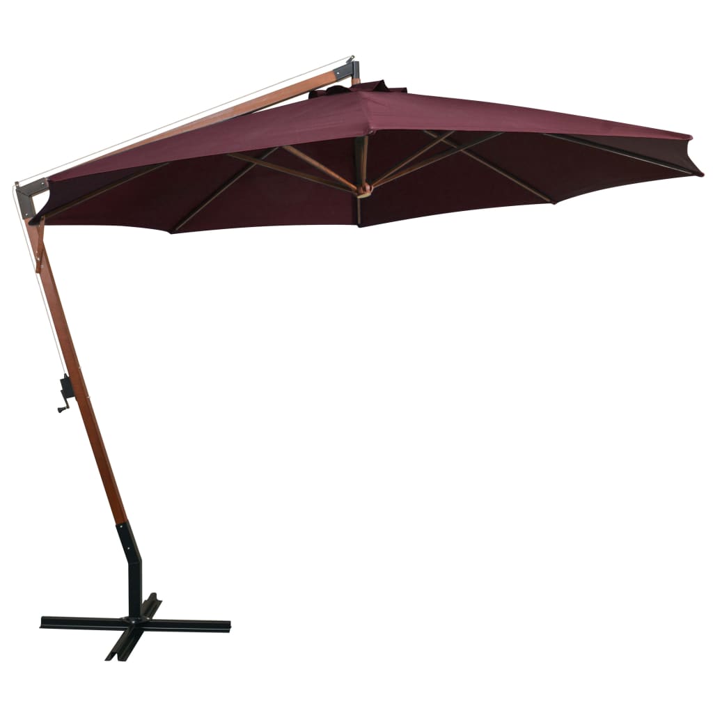 Umbrelă suspendată cu stâlp, roșu bordo, 3,5x2,9 m, lemn brad