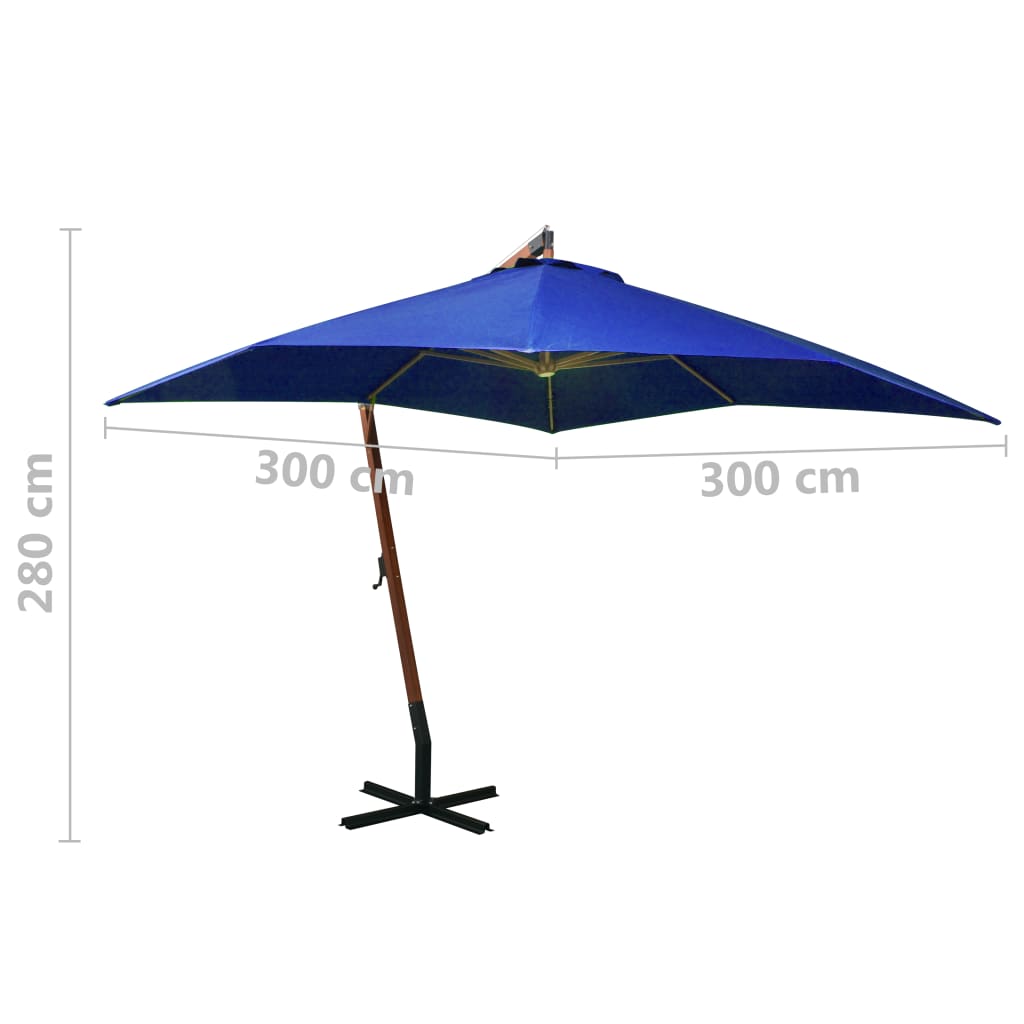 Umbrelă suspendată cu stâlp, albastru azuriu, 3x3 m, lemn brad