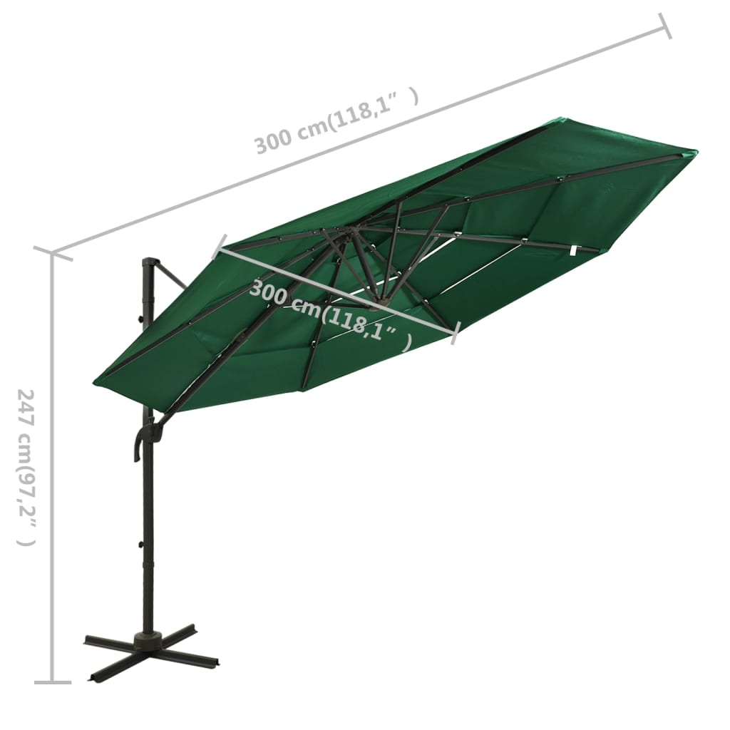 Umbrelă de soare 4 niveluri, stâlp de aluminiu, verde, 3x3 m