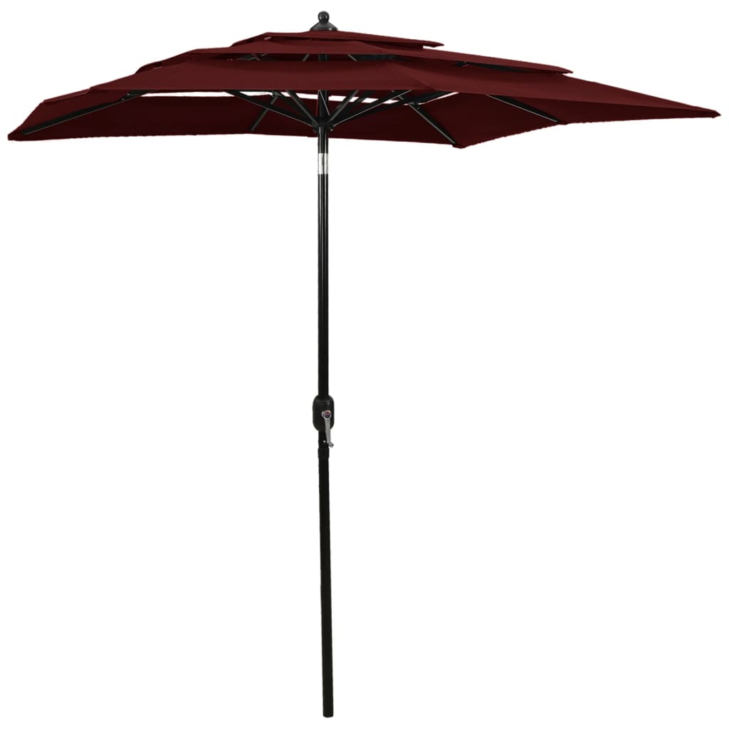 Umbrelă de soare 3 niveluri, stâlp aluminiu, roșu bordo, 2x2 m