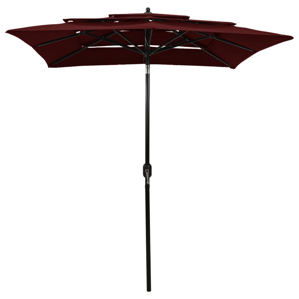 Umbrelă de soare 3 niveluri, stâlp aluminiu, roșu bordo, 2x2 m