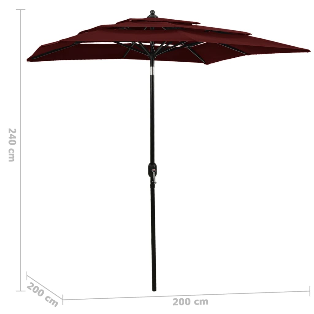 Umbrelă de soare 3 niveluri, stâlp aluminiu, roșu bordo, 2x2 m