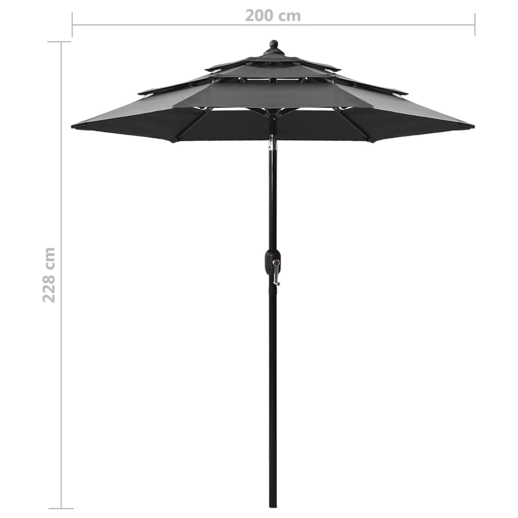 Umbrelă de soare 3 niveluri, stâlp de aluminiu, antracit, 2 m