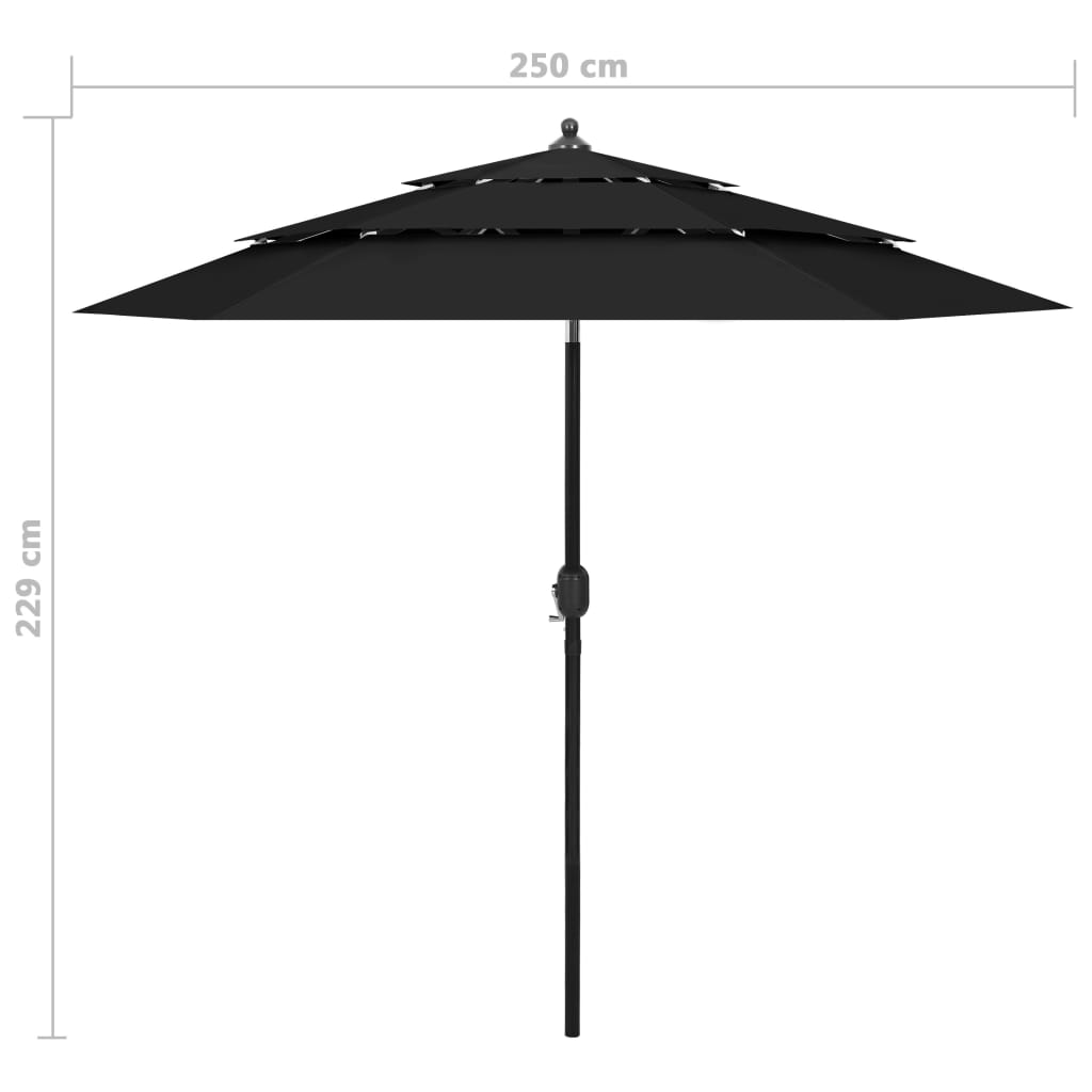 Umbrelă de soare 3 niveluri, stâlp de aluminiu, negru, 2,5 m